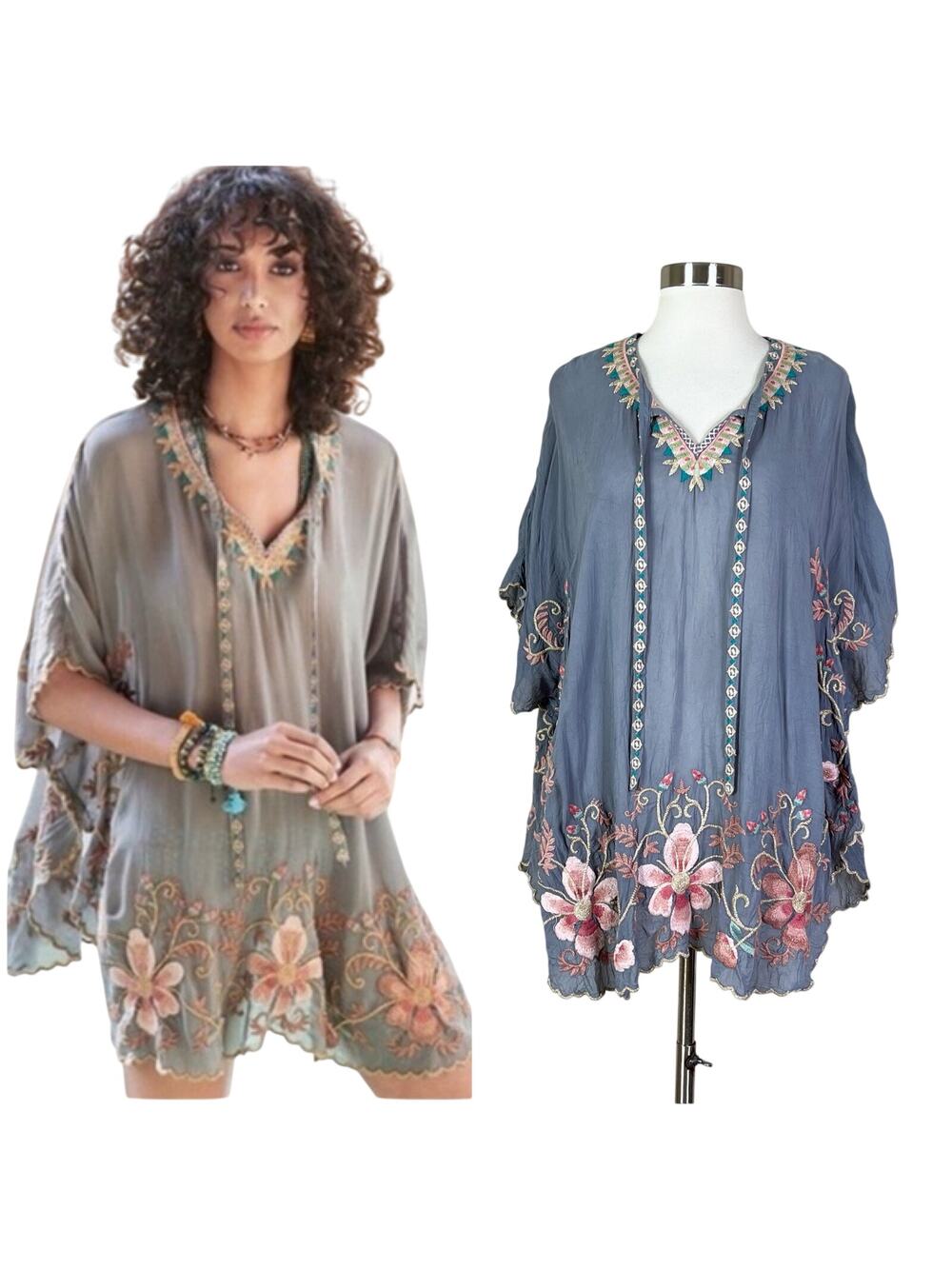 Johnny Was | Antoinette Poncho Grey Floral Embroidered Boho Flowy Blouse Top XS